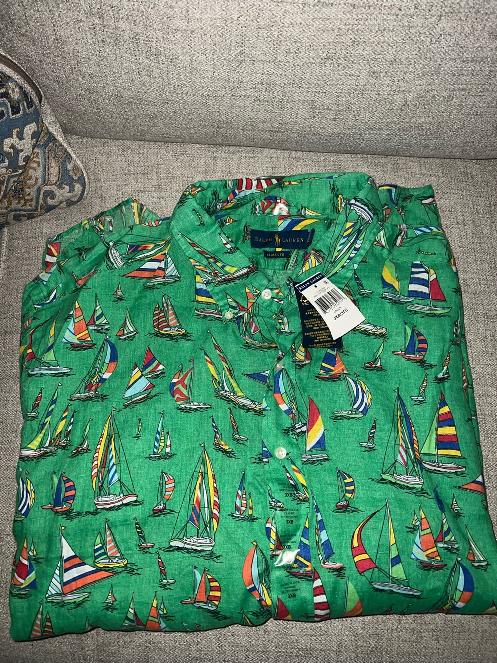 Ralph Lauren Green Linen Shirt with Colorful Sailboat Print
